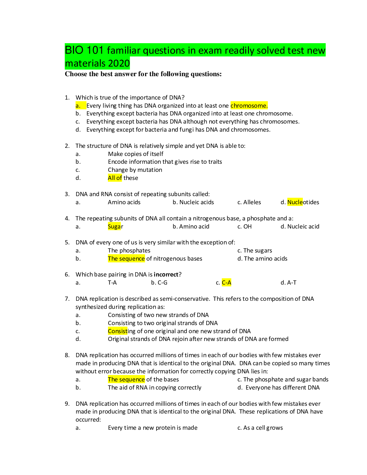 Preview of BIO 101 familiar questions in exam readily solved test new materials 2020